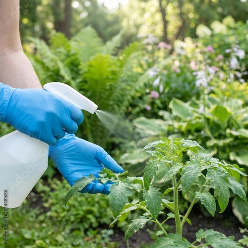 Person spraying pesticide on green tomato plants outdoors in garden