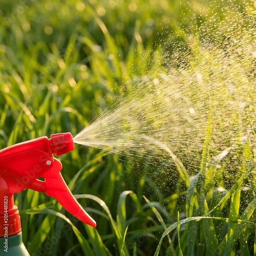 Red spray bottle releasing liquid onto green grass outdoors in sunlight