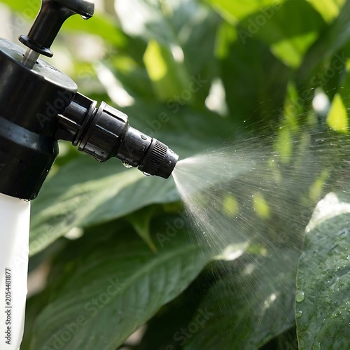 Water sprayer nozzle spraying mist onto green leafy plants outdoors