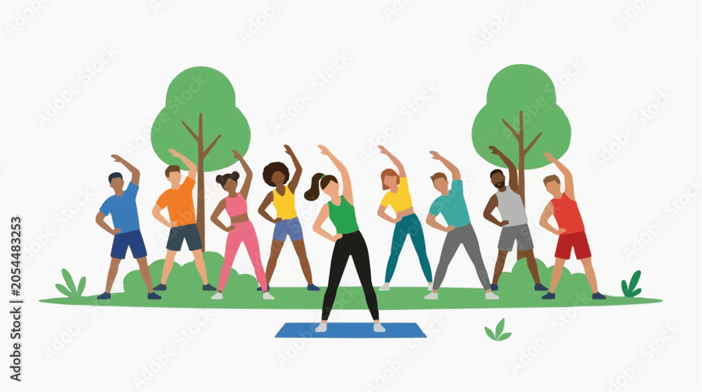 Fototapeta premium Outdoor Fitness Class: A group of diverse individuals participate in an energetic outdoor fitness class, stretching and exercising together in a park setting.
