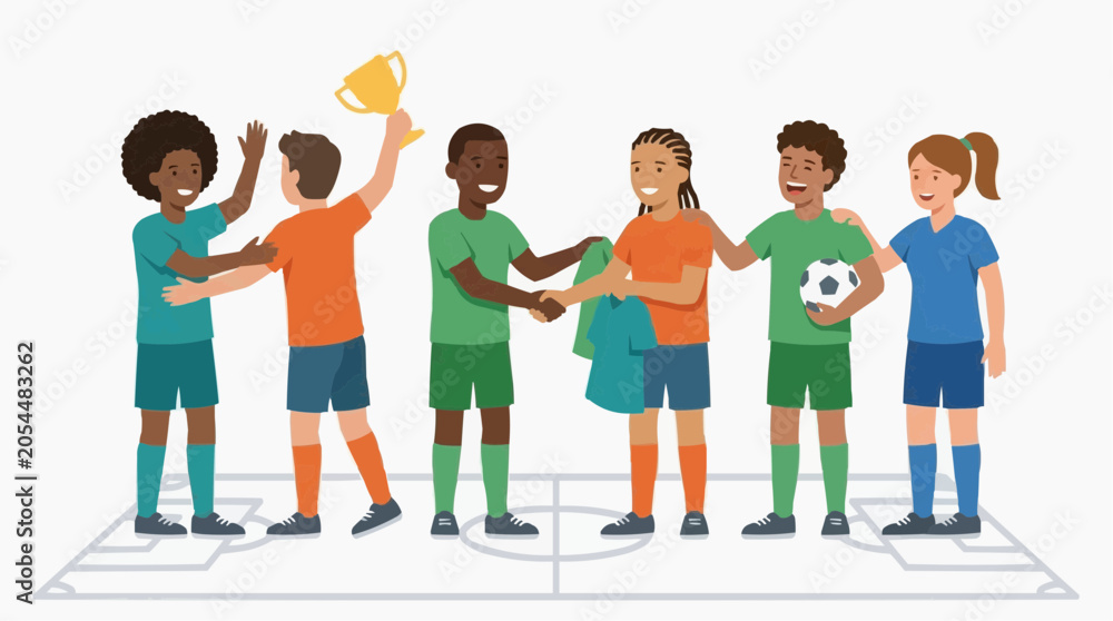 Obraz premium Soccer Team Victory Celebration: A group of diverse young soccer players celebrate their win on the field, with one player holding up a trophy and others shaking hands.