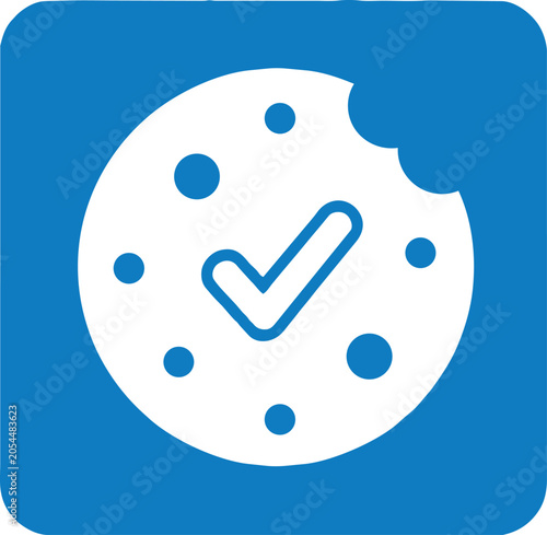 Blue rounded square icon featuring a bitten cookie graphic with a check mark symbol representing digital privacy settings on transparent background