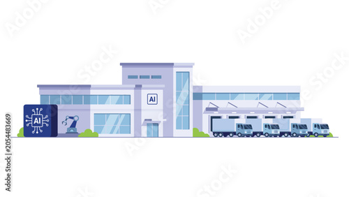 Smart factory with automated artificial intelligence warehouse and delivery trucks vector illustration
