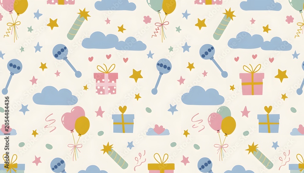 Obraz premium Baby Shower Celebration Cartoon Seamless Pattern with Cute Elements