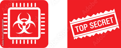 Biohazard computer chip icon and top secret stamp graphic design elements presented as a set of flat vector illustrations on transparent background