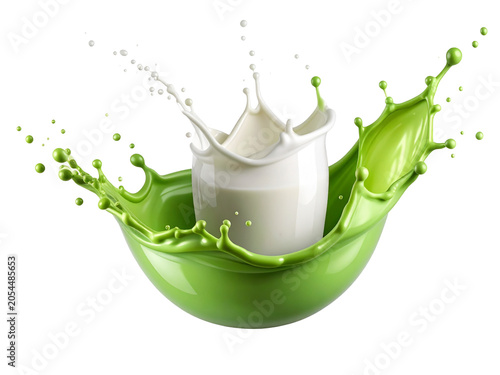 A glass of milk splashes into a vibrant green liquid, creating a dynamic and refreshing visual
