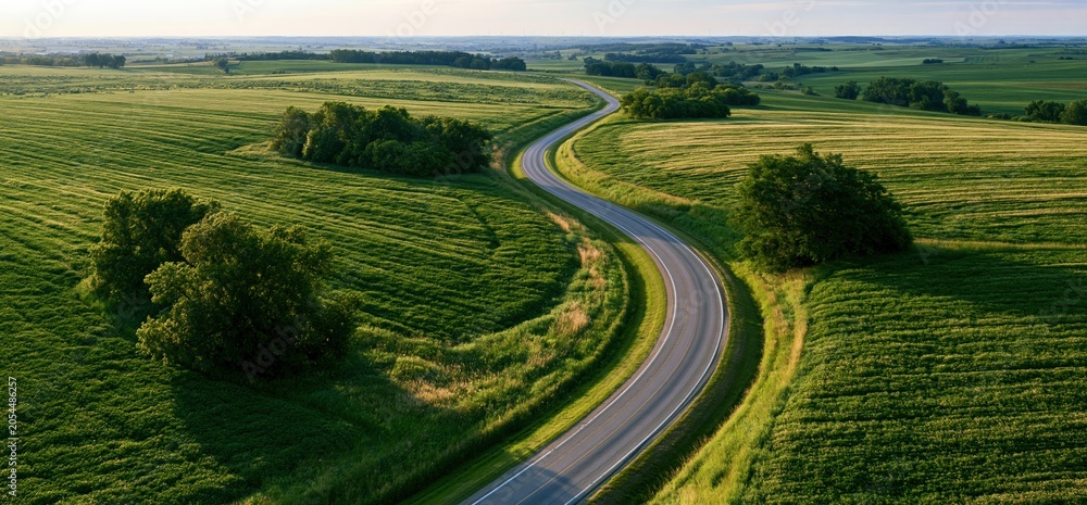 Fototapeta premium Aerial view of winding road through green countryside fields