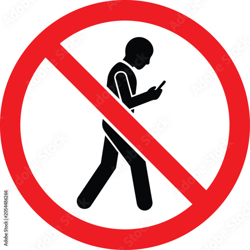 No walking while using mobile phone prohibition sign symbol featuring a human silhouette inside a red circular warning frame on transparent background
