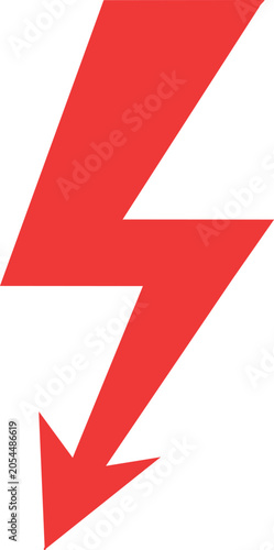 Minimalist bright red lightning bolt symbol with downward arrow tip representing electrical energy danger and high voltage alert on transparent background
