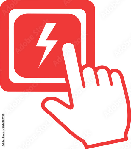Red emergency button being pressed by human finger icon symbol depicting electrical hazard warning concept graphic design element on transparent background
