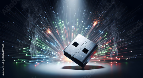 Futuristic microchip with colorful fiber optic light explosion representing high speed data transfer and digital innovation technology concept