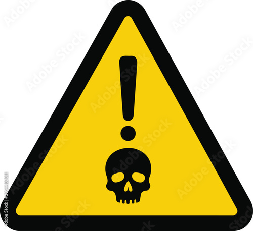 Yellow triangular caution warning sign featuring a black skull icon and exclamation mark symbol for hazard safety alert isolated on transparent background