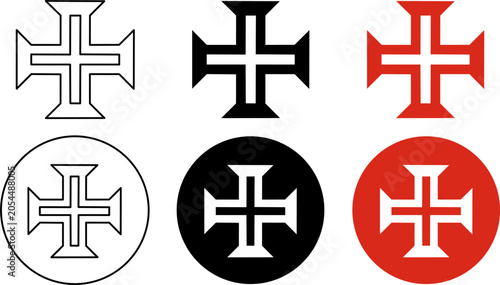 Vector Portuguese Cross icon set featuring Cross of Christ symbols in outline, solid and circular styles. Clean religious emblem collection for logo, badge, signage and graphic design