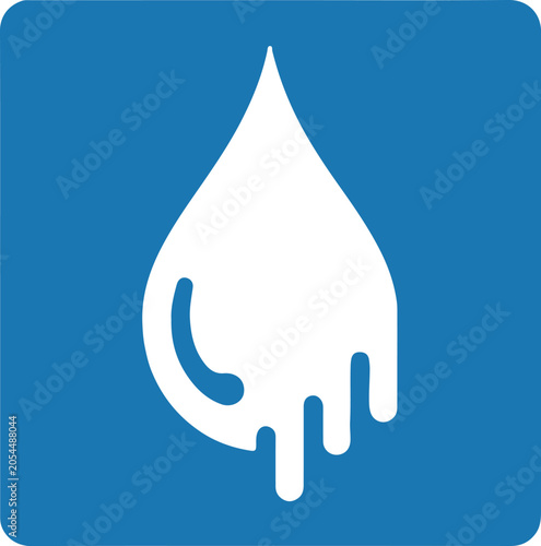 Minimalist blue square icon featuring a melting white water drop symbol for environmental conservation and liquid purity concepts on transparent background