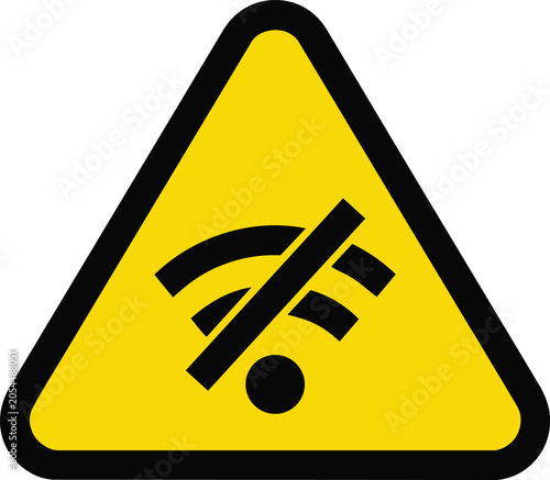 No wireless connection warning icon featuring a strikethrough wifi symbol inside a yellow triangular sign isolated on transparent background
