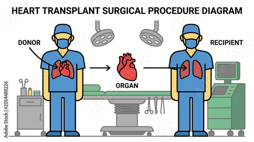 Schilderij op canvas Heart Transplant Surgical Procedure Recipient Donor Organ Diagram