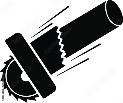 Industrial circular saw cutting through a pipe silhouette icon showing precision metalwork and construction efficiency on transparent background