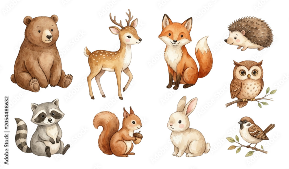 Obraz premium Watercolor forest animals collection vector illustration isolated on white background