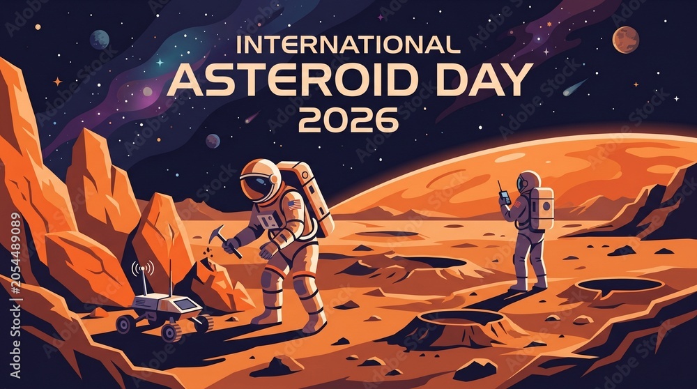 Naklejka premium Two astronauts exploring a rocky planet surface for asteroid day celebration 