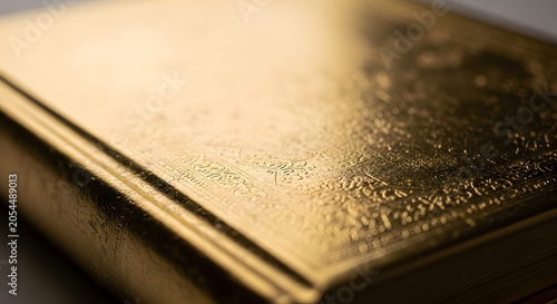 Macro view of detailed golden textured book cover with soft lighting and shallow focus