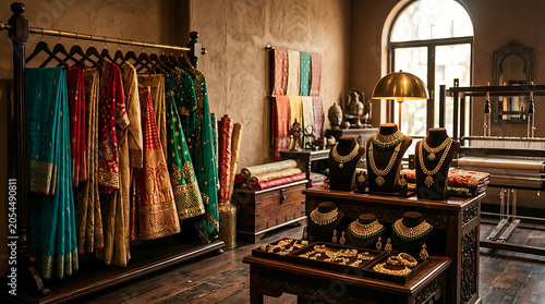 Interior of a traditional Indian boutique showcasing colorful silk sarees and ornate gold jewelry.
