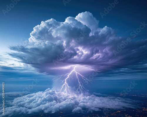 Breathtaking aerial view of a massive supercell thunderstorm with bright lightning striking between clouds high above a distant city at night created with Generative AI Technology, ai, generative