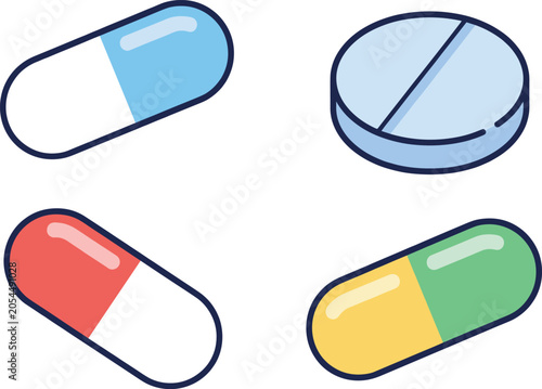 Obraz na plátně A set of colorful medication capsules and a round pill with a dividing line pres