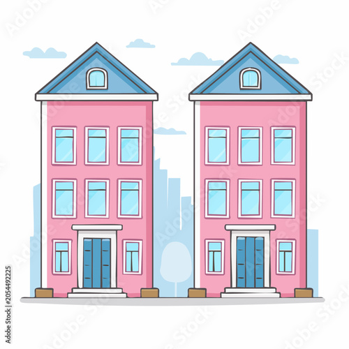 Cartoon illustration of two pink apartment buildings
