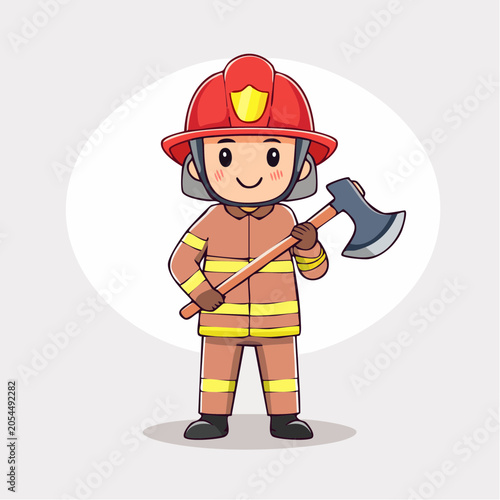 Cute Cartoon Firefighter Holding an Axe