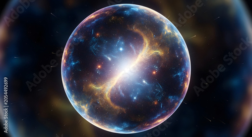 Luminous orb representing the origin of a galaxy with swirling cosmic energy and nebular gas in deep space