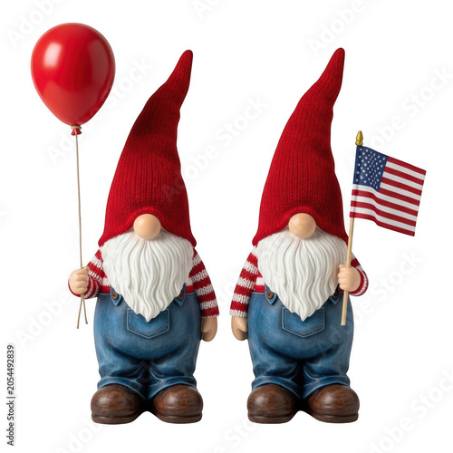 Two gnome garden statues holding flags celebrating with red balloon