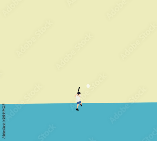 Boy hitting tennis ball with baseball bat into wall. Sport training and competition. Hobbies and leisure.