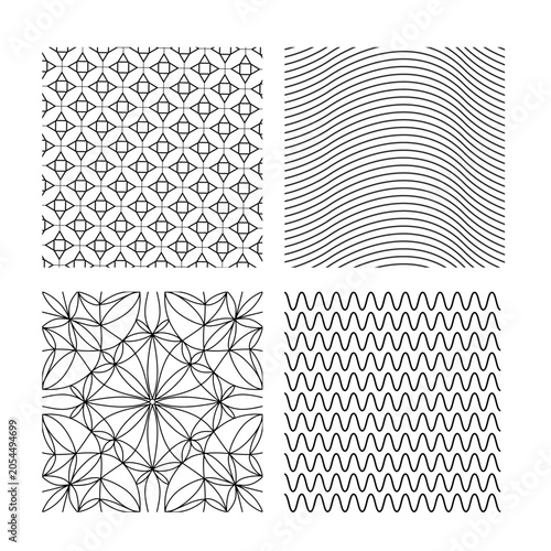 Black and white geometric pattern collection with wavy lines and floral symmetrical abstract linear designs