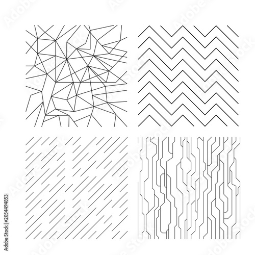 Collection of four minimalist black and white abstract geometric line patterns for background design