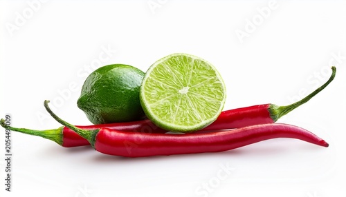 Chili Peppers And Limes On Isolated White Background Two Chili Peppers One Whole Lime And One Lime Slice