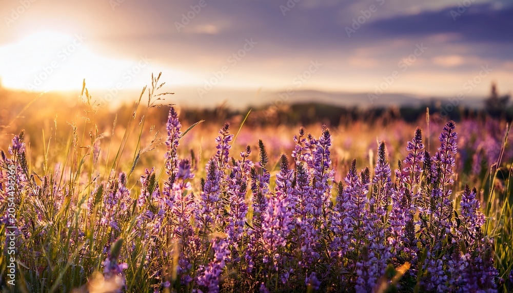 Naklejka premium Vibrant Purple Wildflowers In Sunlit Meadow Beauty Of Summer Nature And Blossoming Floral Scenery