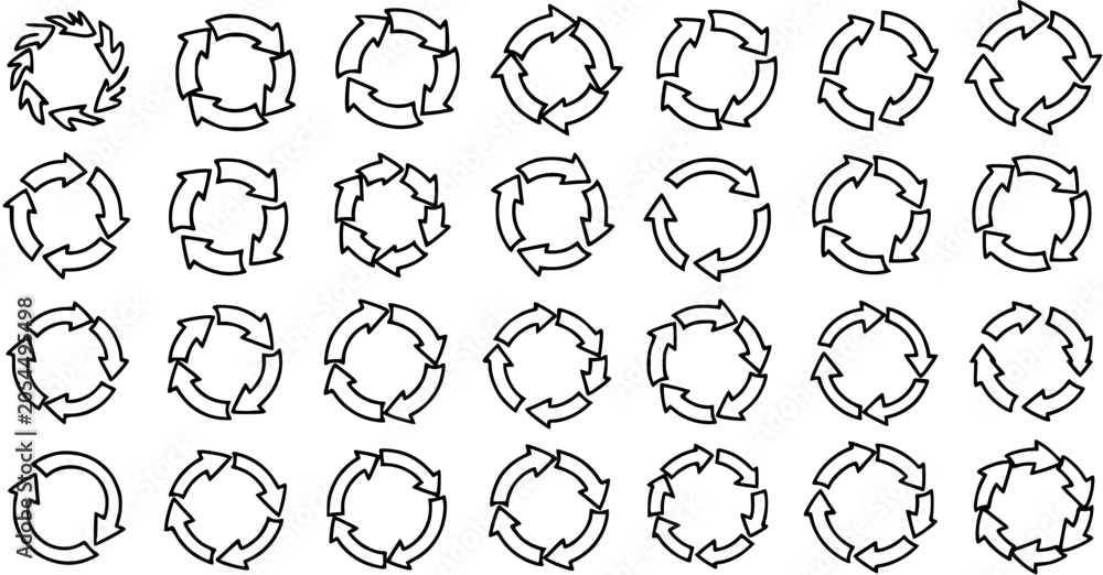 Fototapeta premium Black Outline Circular Arrow Icons Vector Set. Diverse Line Art Symbols for Recycle, Process, Refresh, and Rotation Concepts, Perfect for Business Environment.
