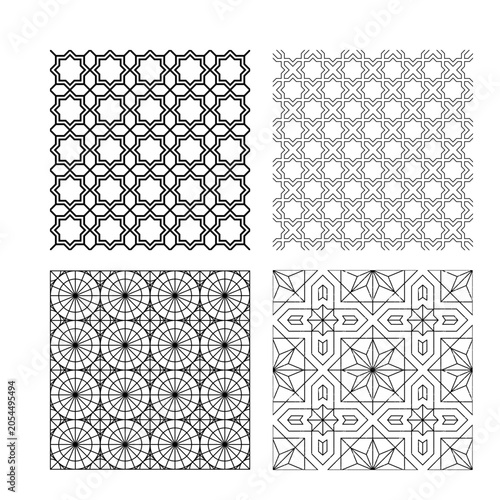 Set of Four Detailed Geometric Ornament Patterns with Traditional Islamic and Arabian Decorative Motifs