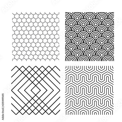 Black and white seamless geometric pattern set with waves stars stripes and chevrons