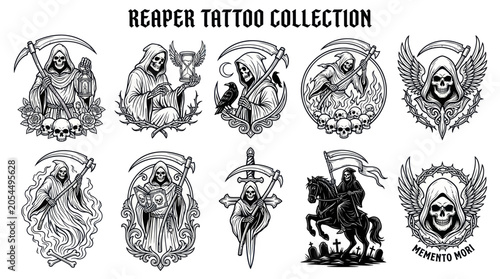 Cuadro en lienzo Grim reaper tattoo collection featuring skulls scythes and wings