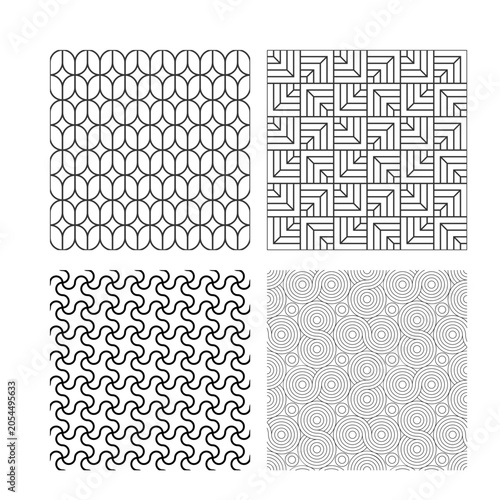 Set of seamless black and white geometric patterns featuring abstract linear designs for modern backgrounds and textiles