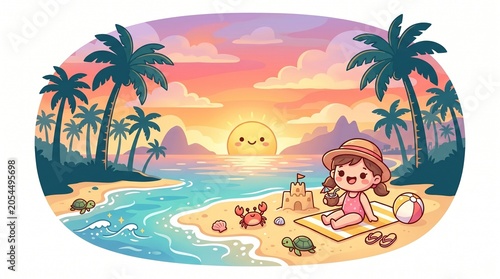 Cheerful Girl Building Sandcastle on Beach at Sunset