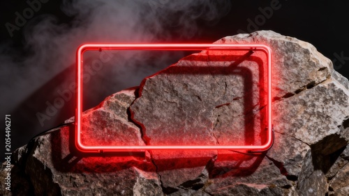 Red neon frame on rock with smoke