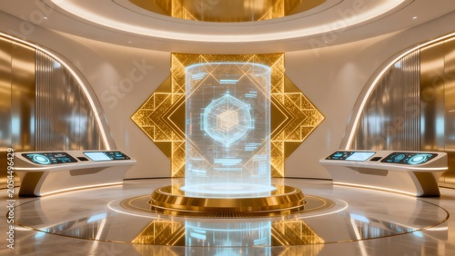 Futuristic room with holographic display