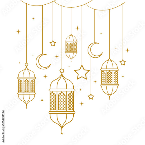 Elegant Gold Ramadan Lanterns and Crescent Moon Decorations for Festive Celebrations