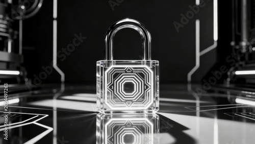 Transparent lock with glowing pattern on reflective surface