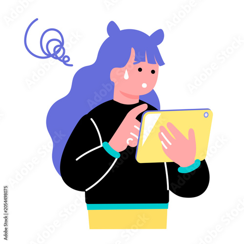 タブレットを見て困惑する若い女性のイラスト　トラブル・悩み・スマホ操作ミス