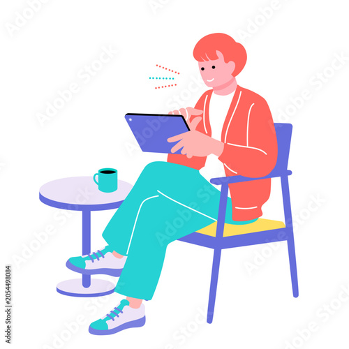 椅子に座りタブレットを操作する男性のイラスト　笑顔・リラックス・デジタル・カフェ