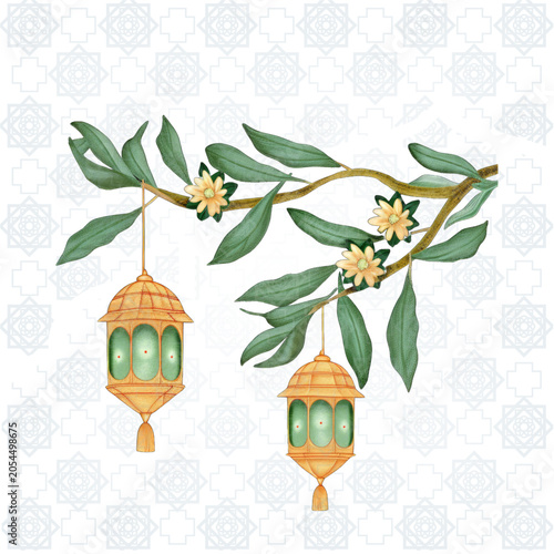 Elegant Watercolor Illustration of Golden Islamic Lanterns Hanging from a Verdant Branch with Delicate Flowers, Perfect for Ramadan and Eid Celebrations