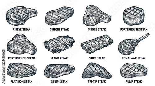 Принти на полотні Beef steak cuts collection with labels in vintage engraved style